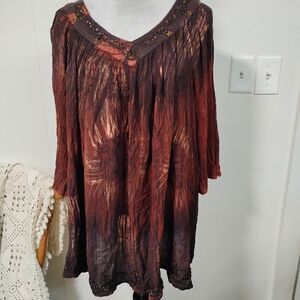 Shoreline Tunic Dress Swim Coverup 6x Red Brown Tie dye Embroidery Resort Wear